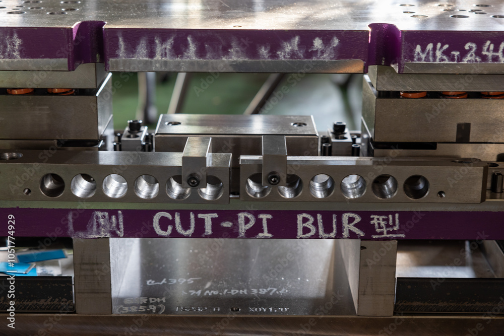 Sheet Metal Stamping Tool Die for Automotive Precision Parts on The Numerical Control Milling Machine Table. Tandem Stamping System. At a High Quality Technology Factory.