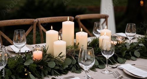 Use log candles and greenery as centerpieces for a nature-inspired wedding theme photo