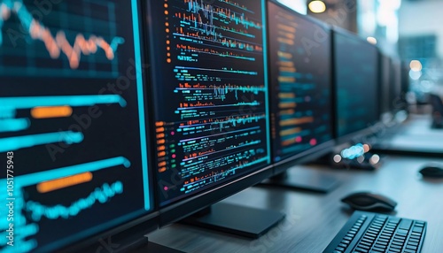 Close-up of multiple monitors displaying data analysis and coding, representing technology, finance, and innovation in a modern workspace.