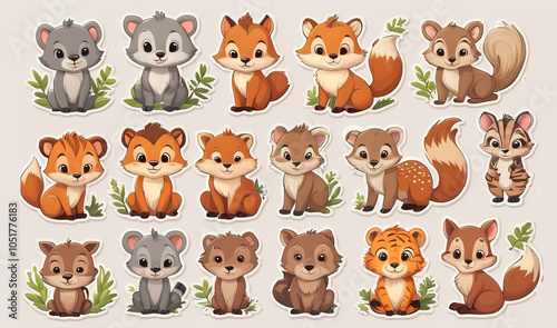 Adorable wild animal stickers, clip art style, isolated on a light background.