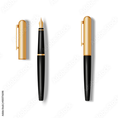 Elegant black and gold fountain pen in closed and open positions isolated on white realistic vector illustration. Classic retro writing tools, premium stationery.