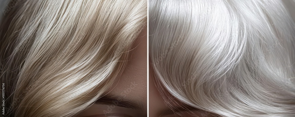 Naklejka premium Closeup comparison of hair roots before and after coloring, transitioning from visible gray strands to flawless platinum highlights, subtle lighting