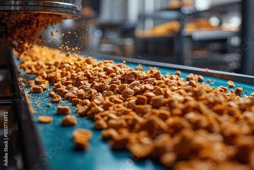 Brown, Square-Shaped Food Pieces on a Conveyor Belt