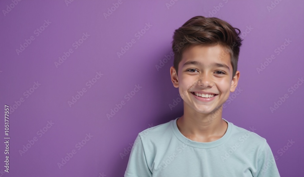 Smiling preteen boy with cheerful expression against purple background with copy space Smiling preteen boy with cheerful expression against purple background with copy space