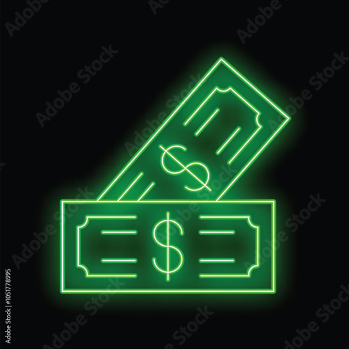 Green neon dollar bills are glowing on a black background