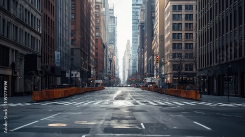 A deserted city street with tall buildings on either side, viewed from the street level.