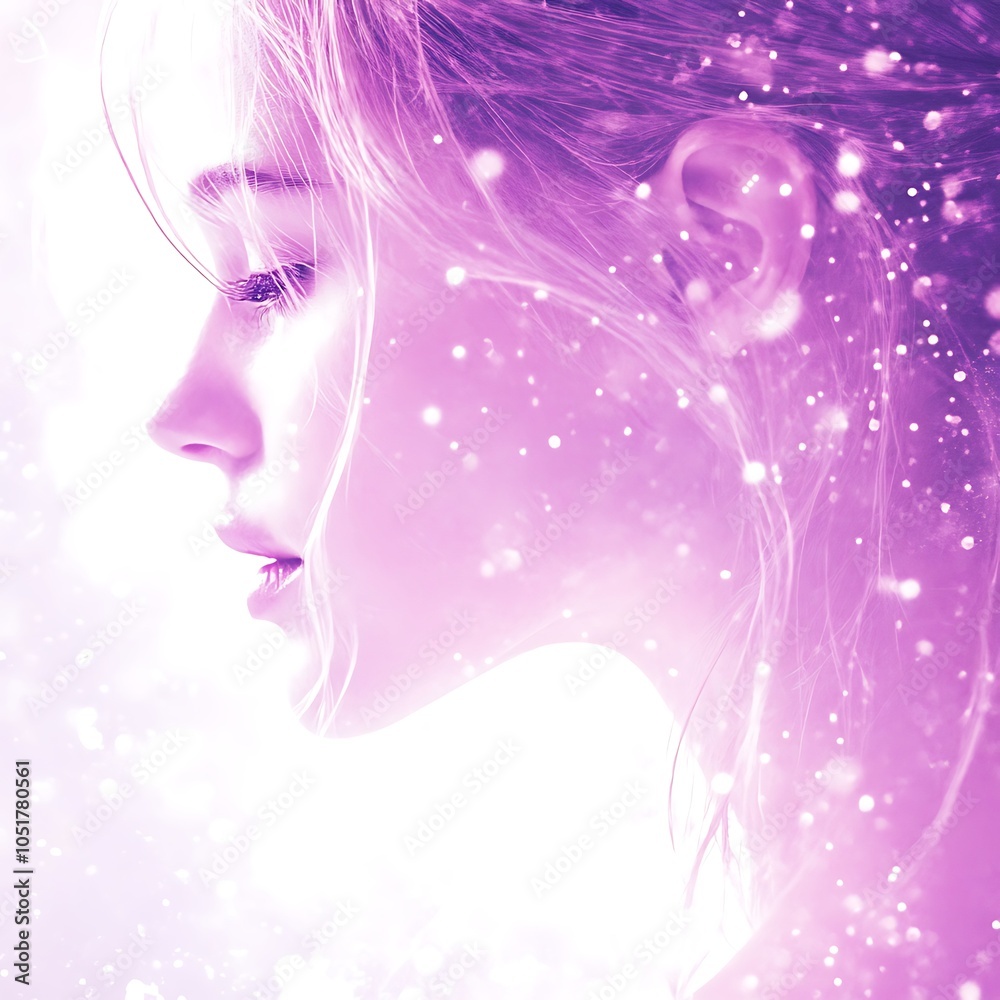 Woman's Face in Pink Light and Bokeh. Woman's Face in Pink Light and Bokeh.