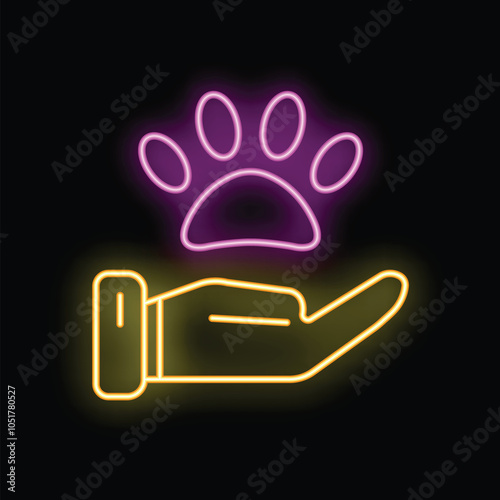 Neon glowing icon of hand holding a pet paw print, symbol of animal care and protection