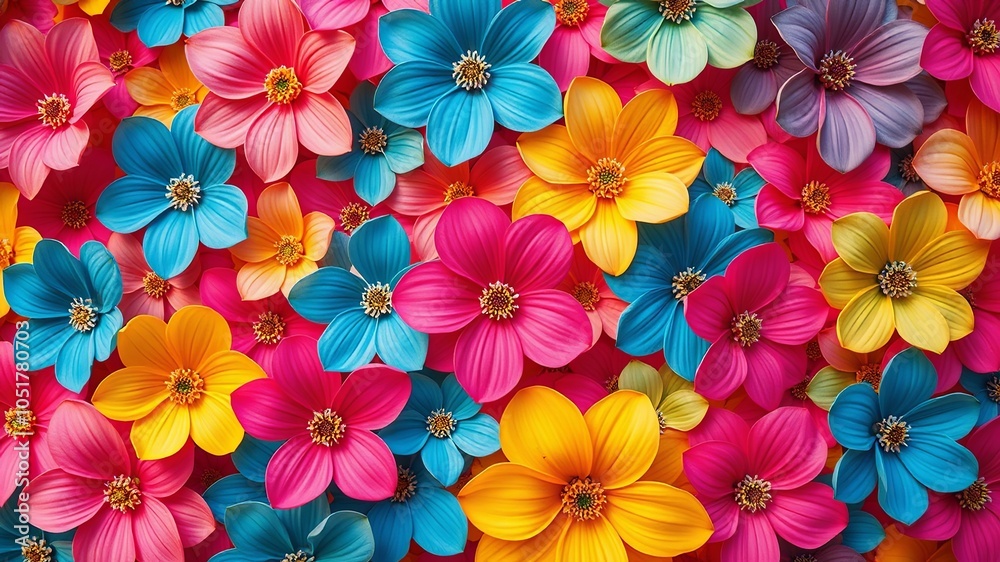 Fototapeta premium A vibrant tapestry of multi-colored blossoms, each petal a brushstroke of nature's artistry, forming a captivating kaleidoscope of hues.