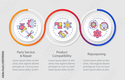 Reverse engineering uses infographics circles sequence. Parts repair and maintenance service. Visualization layout with 3 steps. Info chart loop process presentation. Myriad Pro-Regular font used