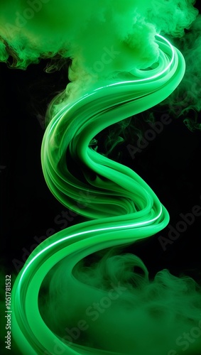 Swirling green fog with neon streaks on pitchblack photo