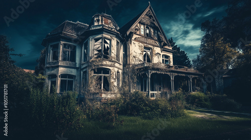 Dilapidated Victorian mansion with cracked walls and dark atmosphere 