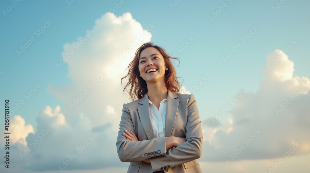 Confident and Happy Business Woman Standing Against a Beautiful Sky Background – Embracing Success, Ambition, and Optimism Confident and Happy Business Woman Standing Against a Beautiful Sky Background – Embracing Success, Ambition, and Optimism