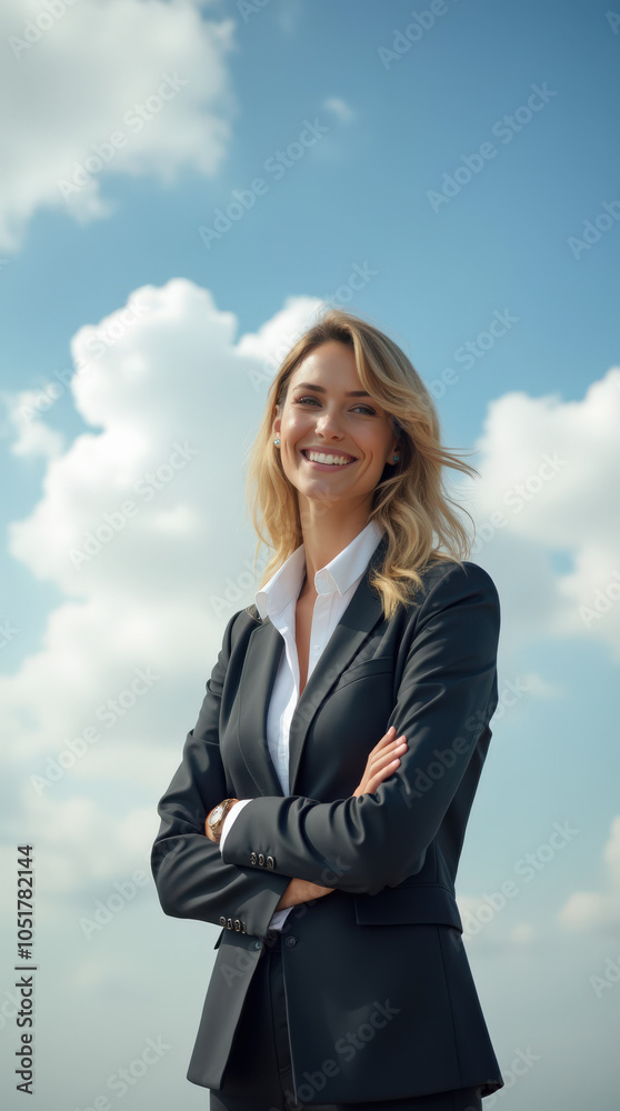 Confident and Happy Business Woman Standing Against a Beautiful Sky Background – Embracing Success, Ambition, and Optimism Confident and Happy Business Woman Standing Against a Beautiful Sky Background – Embracing Success, Ambition, and Optimism