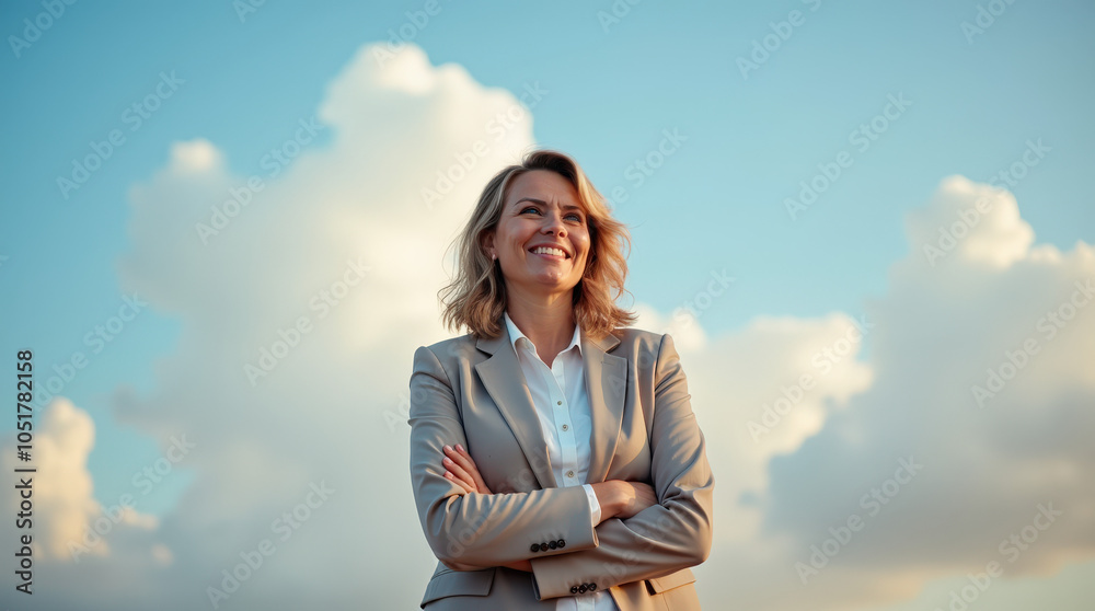 Confident and Happy Business Woman Standing Against a Beautiful Sky Background – Embracing Success, Ambition, and Optimism Confident and Happy Business Woman Standing Against a Beautiful Sky Background – Embracing Success, Ambition, and Optimism