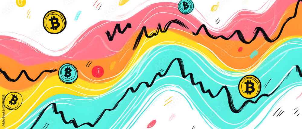 dollar production, coins, stock graphs, and Bitcoin in various creative graphic styles dollar production, coins, stock graphs, and Bitcoin in various creative graphic styles
