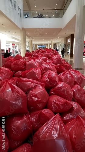 Red Plastic Bags Fill a Shopping Mall