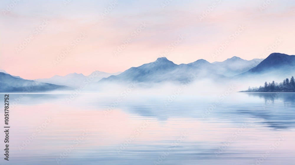 Fototapeta premium image of a reflective lake surface at dawn, with mist rising from the water