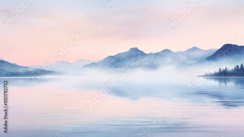 image of a reflective lake surface at dawn, with mist rising from the water