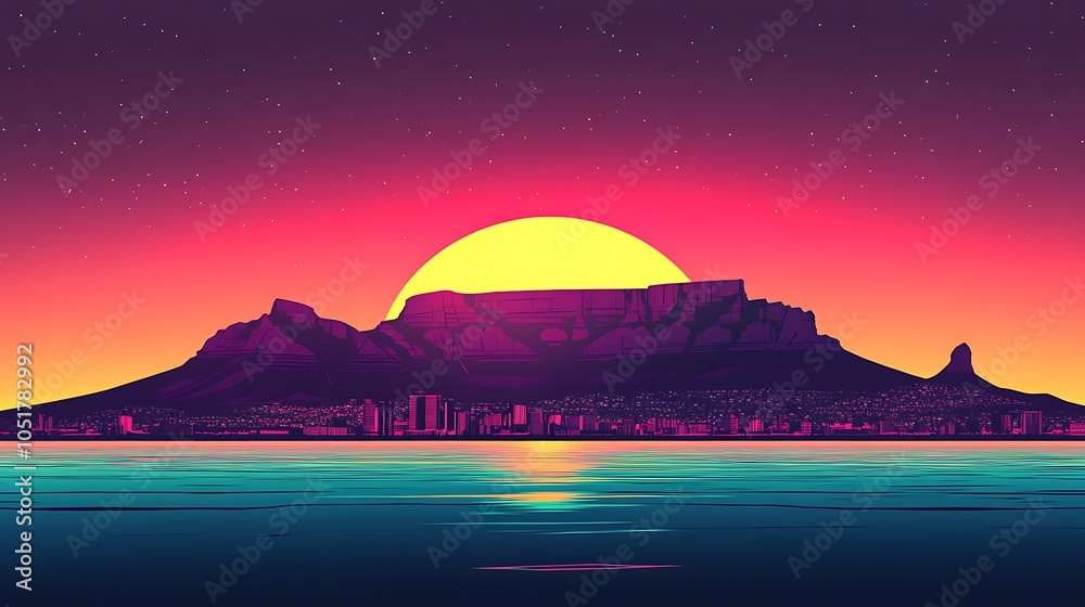 Flat illustration of Cape Town's Table Mountain at twilight, with a colorful gradient sky in shades of purple, pink, and gold, Flat illustration of Cape Town's Table Mountain at twilight, with a colorful gradient sky in shades of purple, pink, and gold,