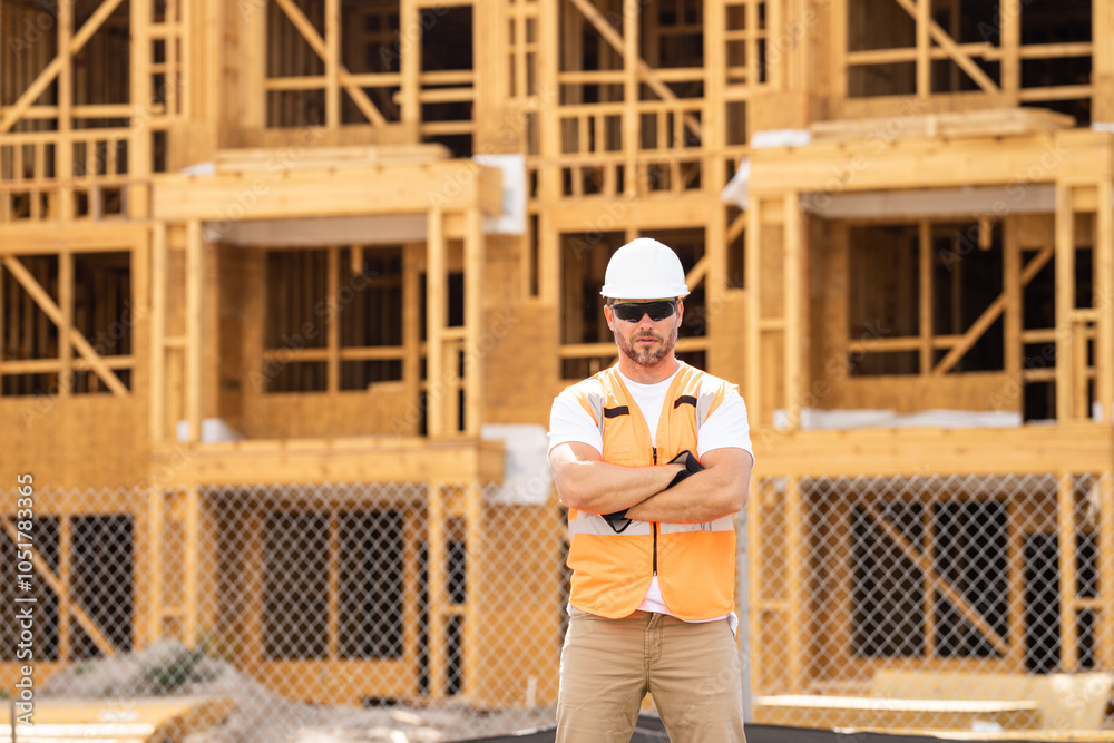 roofer builder working on roog structure of building on construction site. handsome young male builder in hard hat smiling at camera. Construction Worker on Duty. Contractor and the Wooden House Frame roofer builder working on roog structure of building on construction site. handsome young male builder in hard hat smiling at camera. Construction Worker on Duty. Contractor and the Wooden House Frame