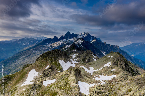 Chamonix rocky granite mountain peaks in french Alps around Mont Blanc summit in Chamonix valley. Scenic landscape of iconic alpine summits the legends of mountaineering and alpinism