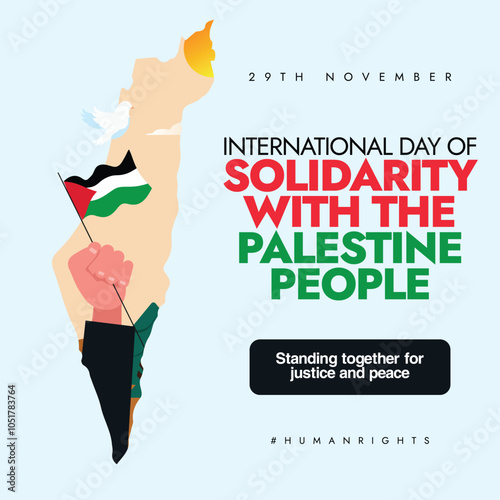 International Day of Solidarity with the Palestine people. 29th November Solidarity with Palestinians day celebration banner with its map, hand holding its flag. The day focus on unresolved dispute.