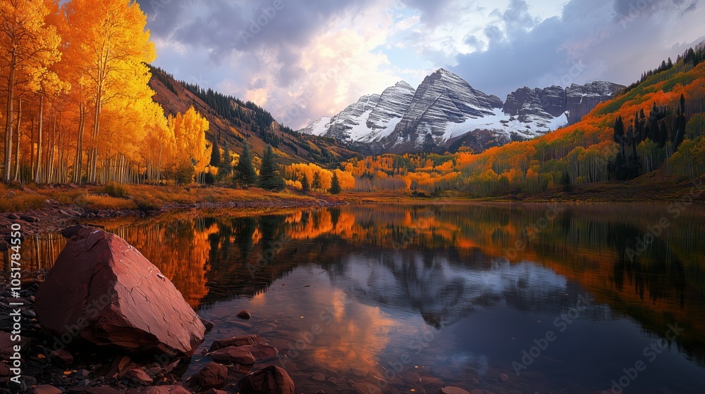 Obraz premium Autumn Charm of Mountains and Lakes The Harmony of Gold and Snow White