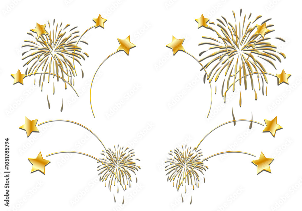 Obraz premium Fuegos artificiales y estrellas doradas en fondo transparente