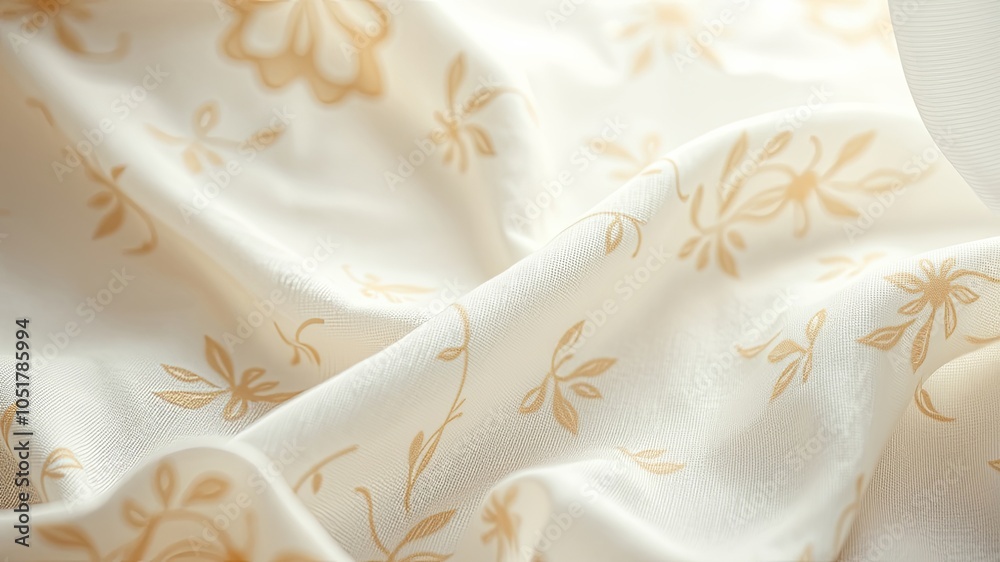 Delicate floral pattern adorns a soft, flowing white fabric, creating a background of elegance and texture. Delicate floral pattern adorns a soft, flowing white fabric, creating a background of elegance and texture.