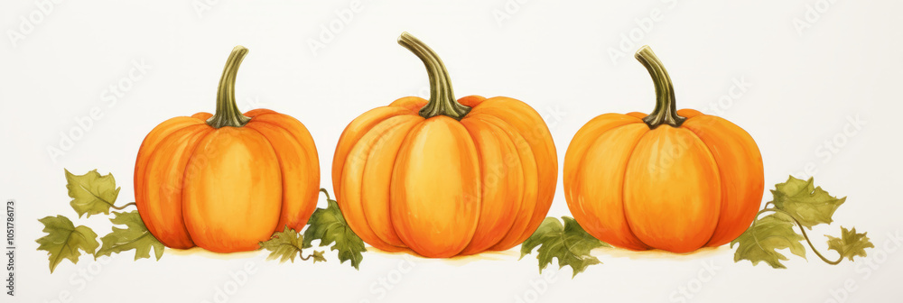 Autumn harvest with three pumpkins and leaves for seasonal decoration and design Autumn harvest with three pumpkins and leaves for seasonal decoration and design