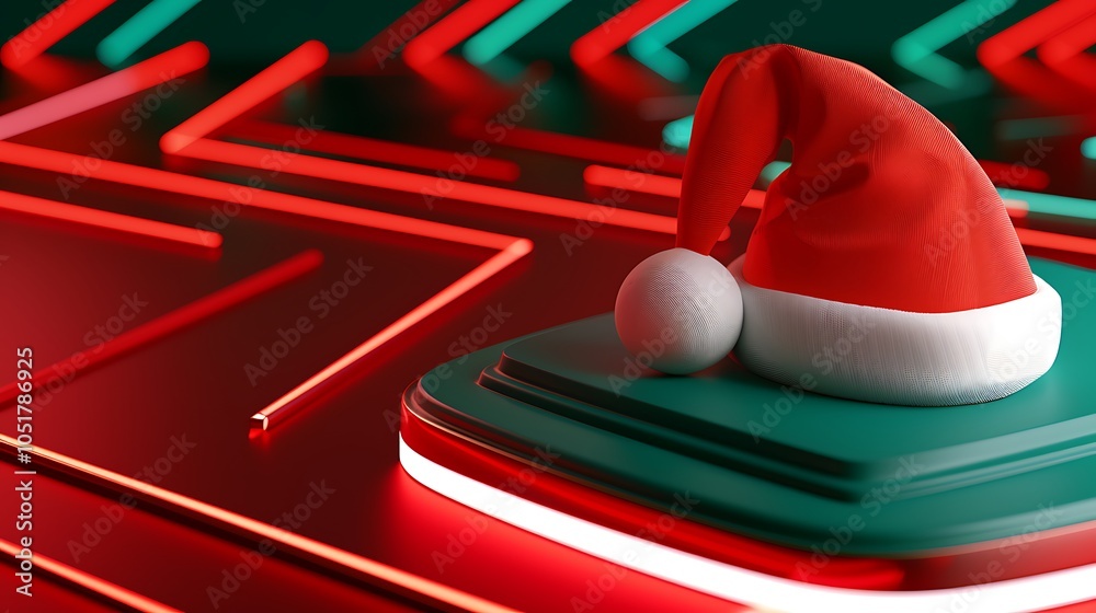 3D Festive Red and Green Christmas Hat on Surface. Christmas Theme 3D Festive Red and Green Christmas Hat on Surface. Christmas Theme