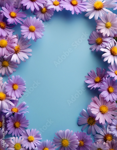 Symphyotrichum ericoides flower filling the edges of the frame isolated on a light blue background photo