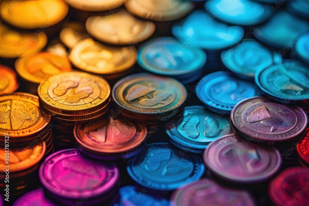 A vibrant arrangement of colorful coins, reflecting light and showcasing various textures and patterns. A vibrant arrangement of colorful coins, reflecting light and showcasing various textures and patterns.