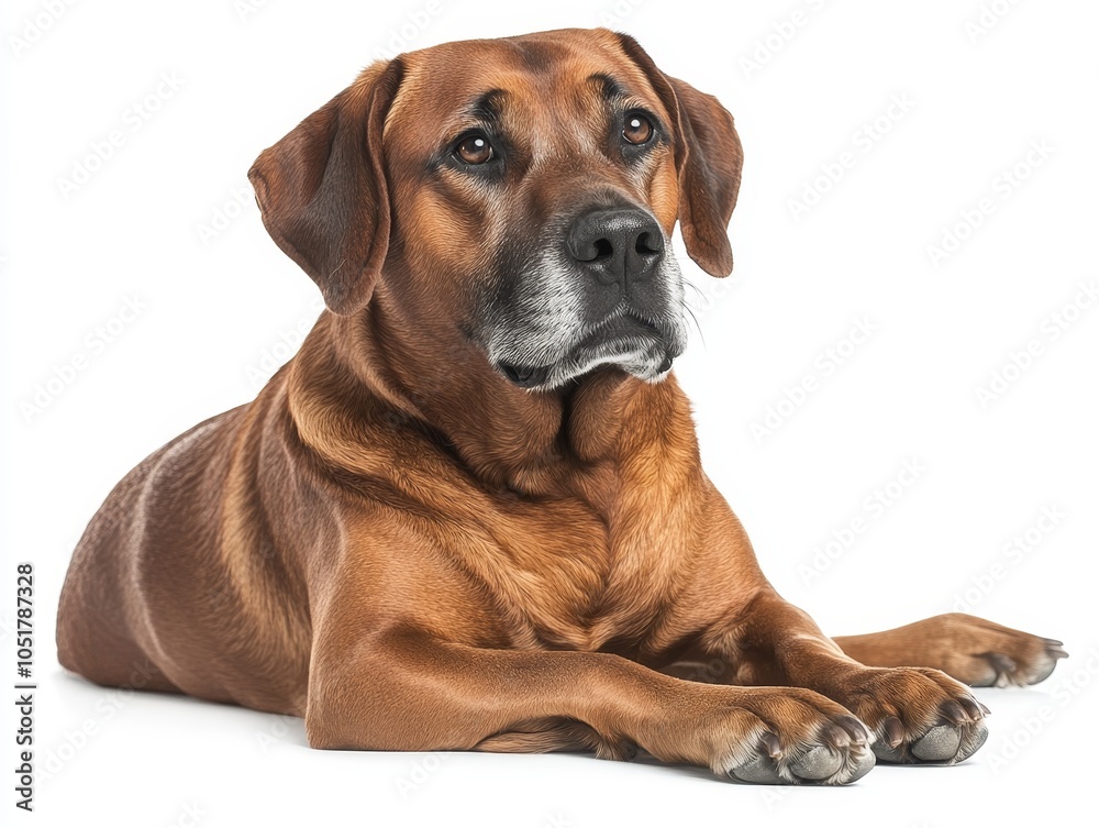 This image captures a friendly brown dog laying on a white background appearing calm and curious The dog has a short coat with a mix of lighter and darker brown tones giving a natural look to its fur This image captures a friendly brown dog laying on a white background appearing calm and curious The dog has a short coat with a mix of lighter and darker brown tones giving a natural look to its fur