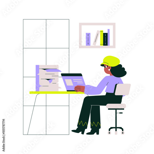 Office worker managing documents and laptop tasks at desk, flat vector illustration symbolizing organization and productivity, isolated on white background.