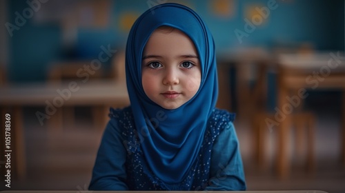 The child sits at a desk, chin resting on hands, a thoughtful expression on her face. Kids go back to school. Children study and learn for preschool.