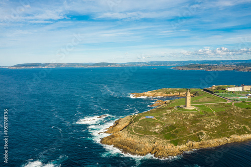 Aerial point of view of A Coruna city. Situated in Galicia province, in Northwest of Spain.  A Coruña is nowadays the richest region of Galicia and its economic engine. Famous travel destination.