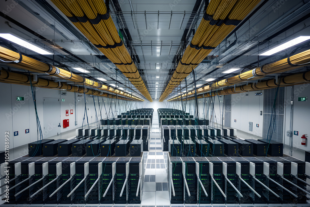 Naklejka premium High-Tech Server Room with Rows of Equipment