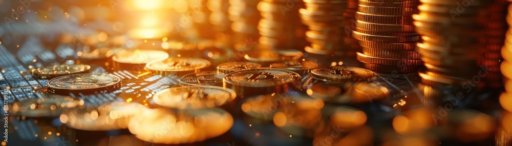 A close-up view of shiny coins arranged closely, reflecting warm golden light, creating an inviting and prosperous atmosphere.