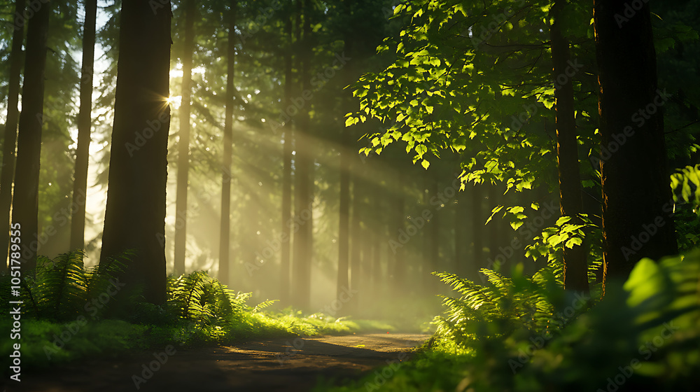 Obraz premium Sunlight streams through trees in a serene forest, highlighting lush greenery.