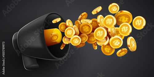 Megaphone with flying gold coins. Business announcement concept.
