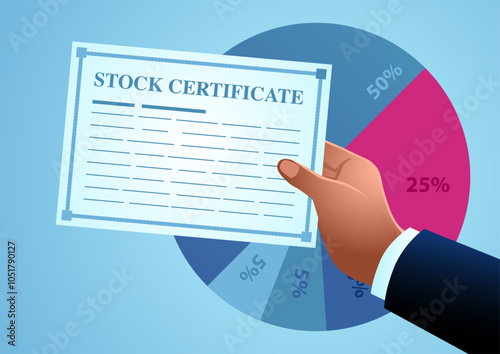 Hand holding a stock certificate, set against a circular percentage chart, representing the concept of an Initial Public Offering or IPO