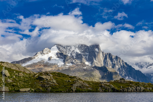 Chamonix rocky granite mountain peaks in french Alps around Mont Blanc summit in Chamonix valley. Scenic landscape of iconic alpine summits the legends of mountaineering and alpinism