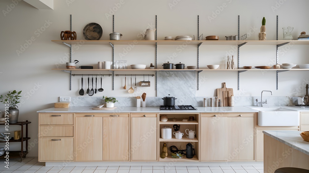 a modern Scandinavian kitchen with an open shelving system. a modern Scandinavian kitchen with an open shelving system.