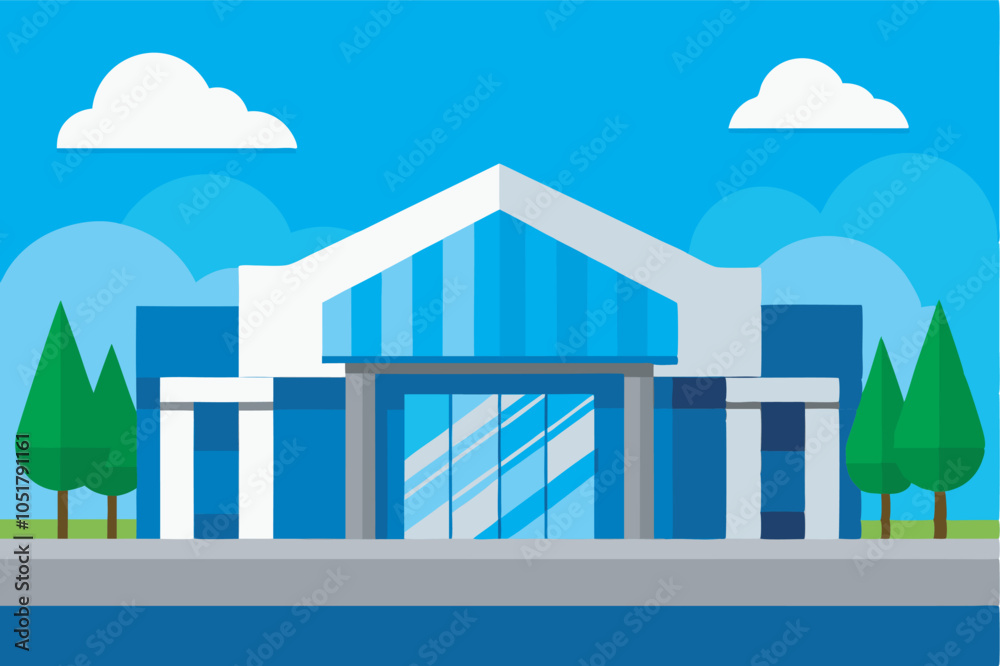 Obraz premium An image shows a modern building with blue pillars and a glass door. White stripes on the facade, trees on each side, under a bright blue sky with white clouds, creating a cheerful atmosphere.