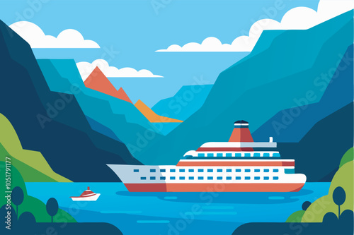 A serene digital illustration of a white cruise ship on blue waters, surrounded by green mountains and fluffy clouds, evoking a peaceful travel vibe. 