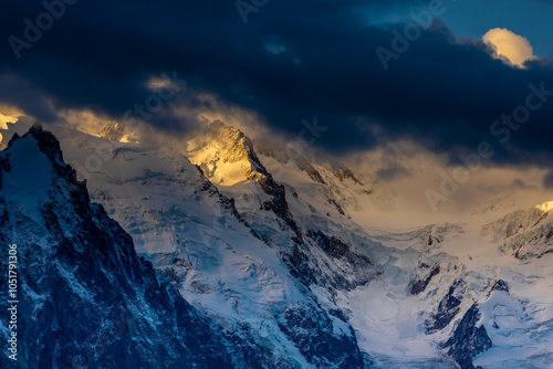 Chamonix rocky granite mountain peaks in french Alps around Mont Blanc summit in Chamonix valley. Scenic landscape of iconic alpine summits the legends of mountaineering and alpinism