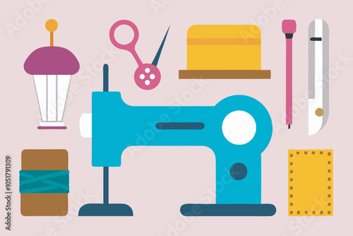 An array of sewing supplies on a pink background, featuring a blue sewing machine, yellow scissors, tape measure, pins, threads, a pencil, and a thimble. The setup exudes order and calmness.