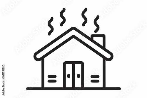 Simple, clean illustration of a two-story home with smoke coming from the chimney. Black lines outline the house in a solid black frame.
